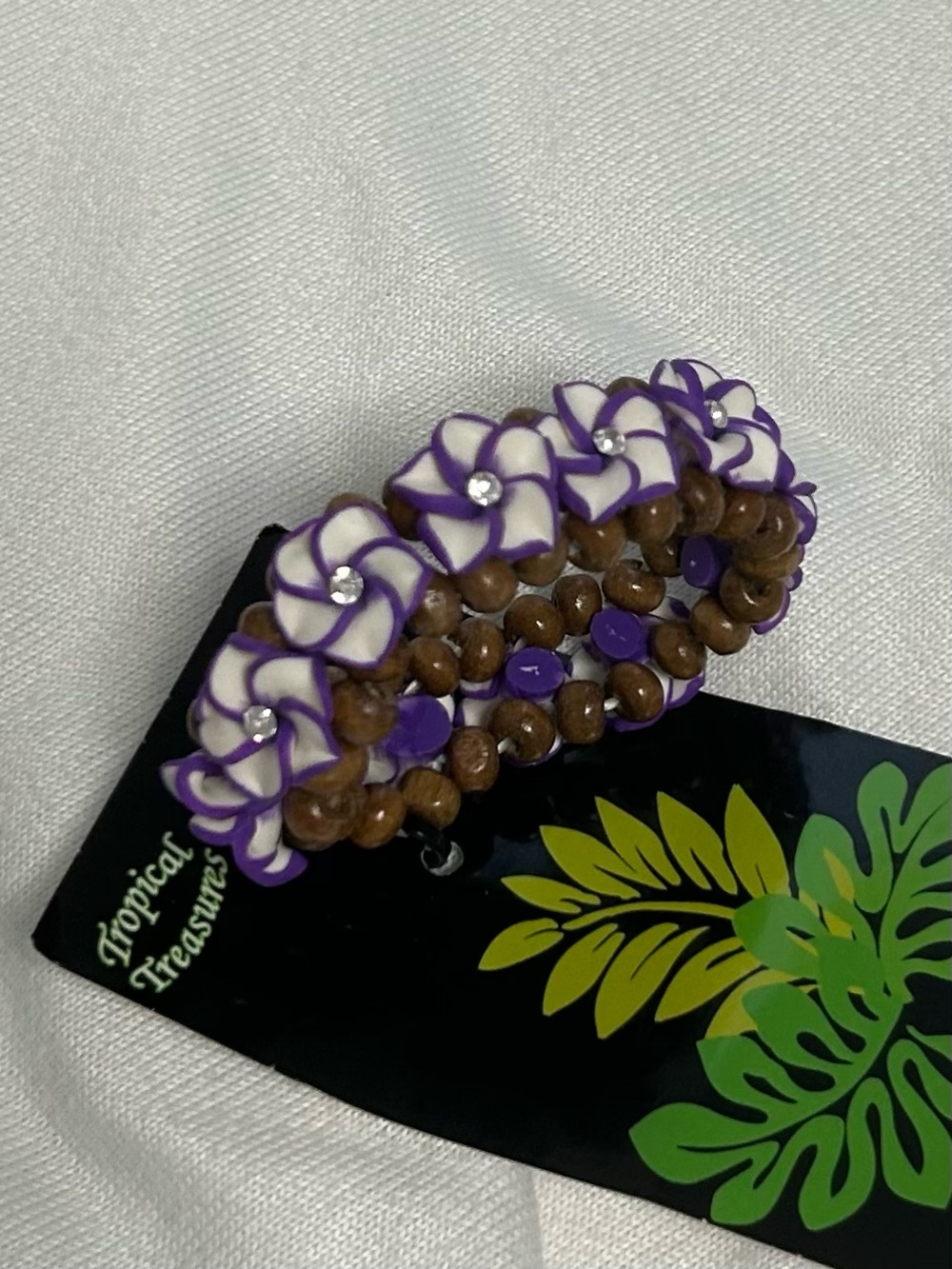 Purple & White Flower Beaded Stretch Bracelet